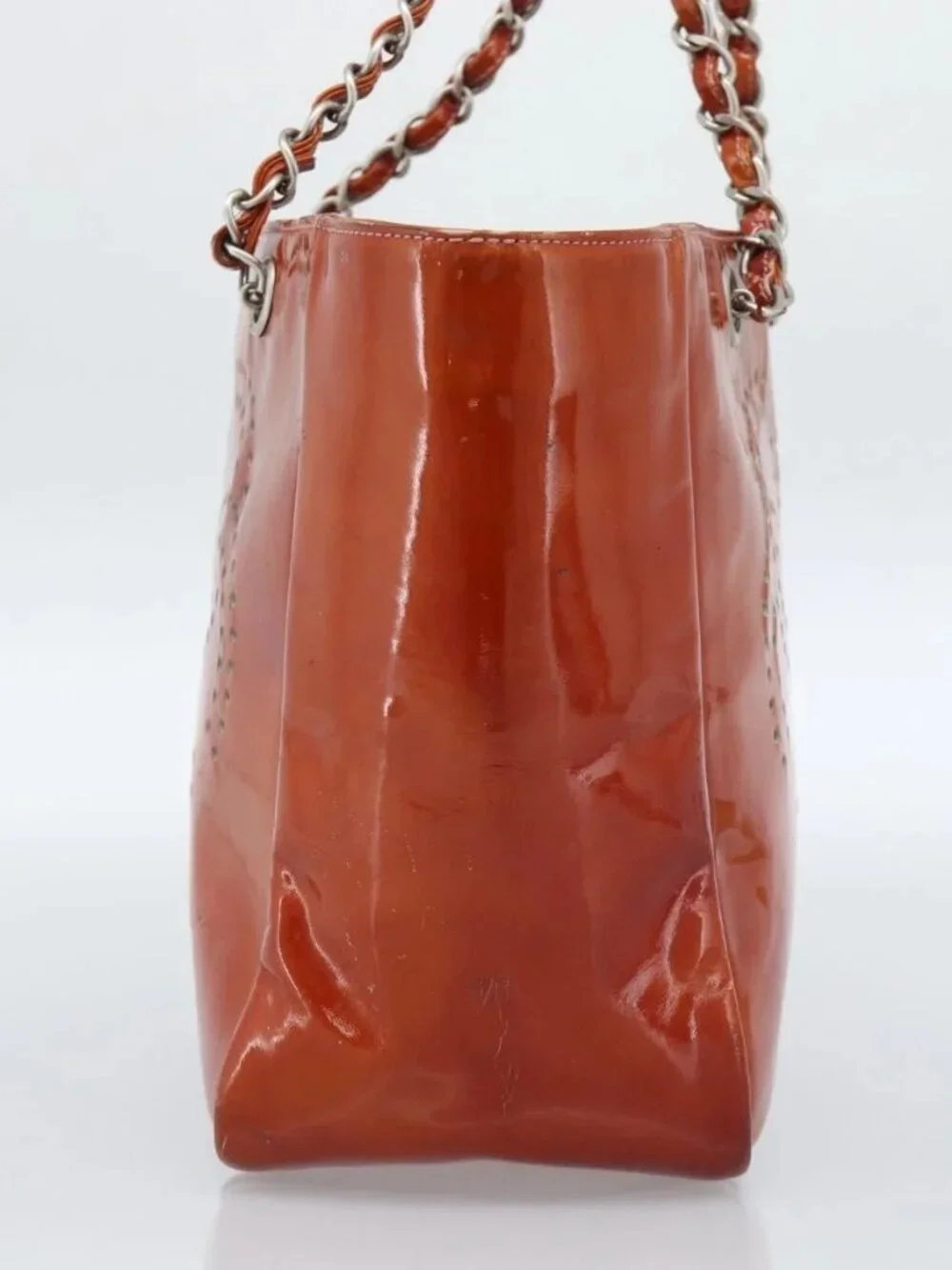CHANEL Triple Coco Chain Tote Bag Patent leather Orange Silver CC Auth bs18659